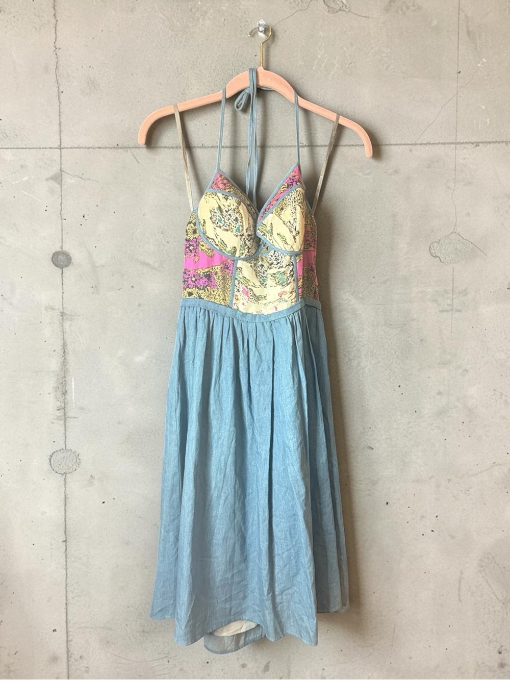 Vintage Y2K Hype SILK Patchwork Halter Midi Dress - Blue Corset Boho Size 8